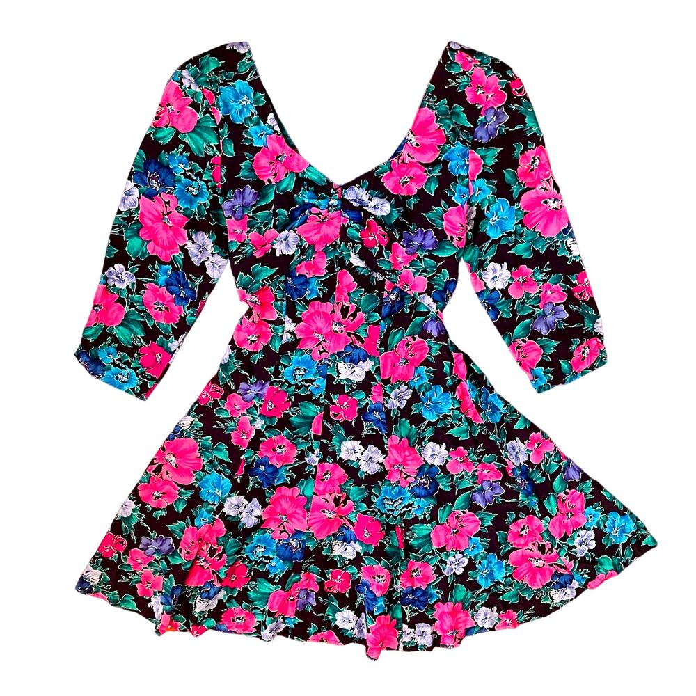 Vintage 70s 80s Floral Ruched Bust Tie Back Dress Cottagecore Retro Prairie
